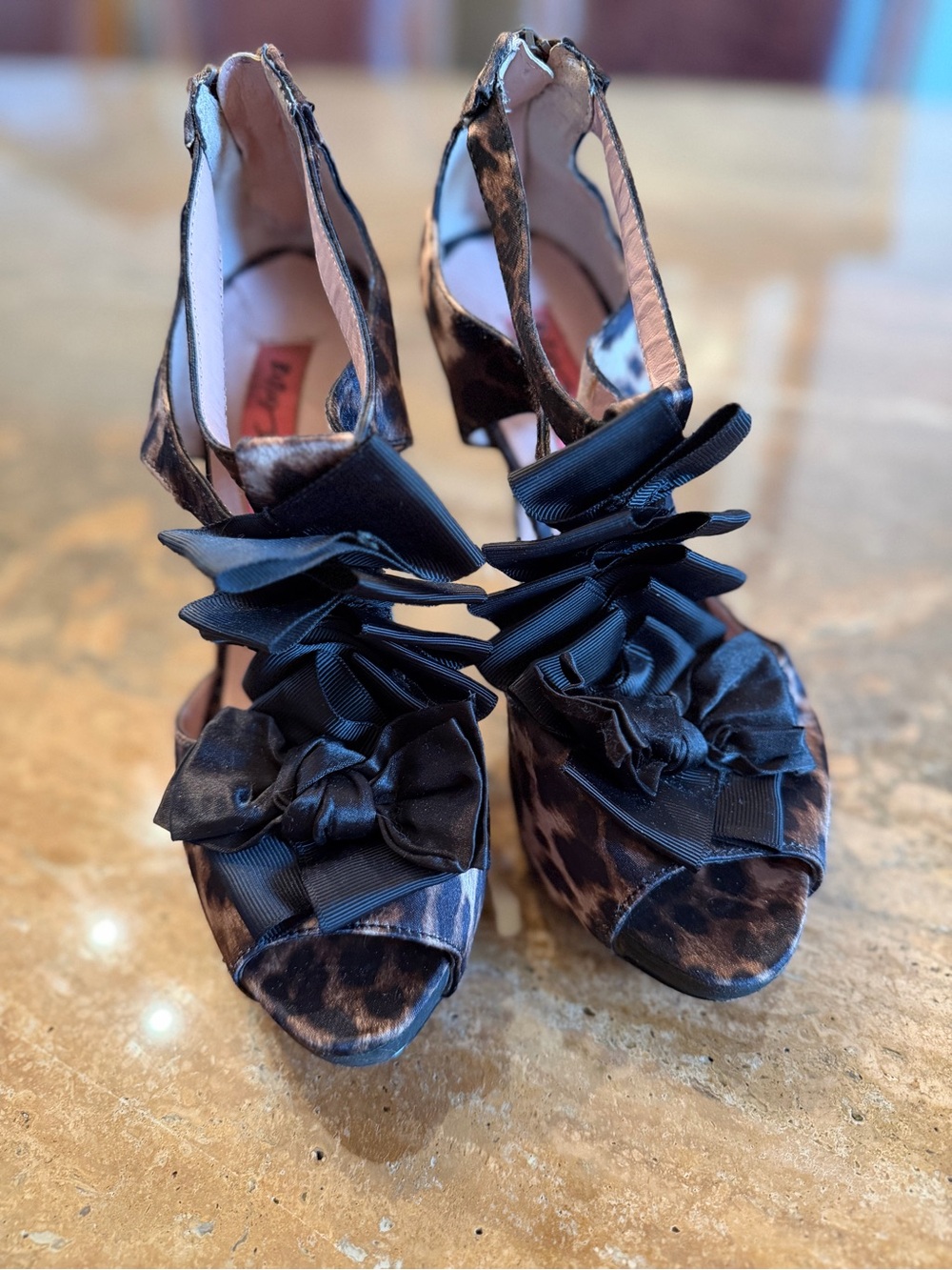 Betsey Johnson Leopard Print Peep-Toe Heels with Black Satin Ribbon Bows